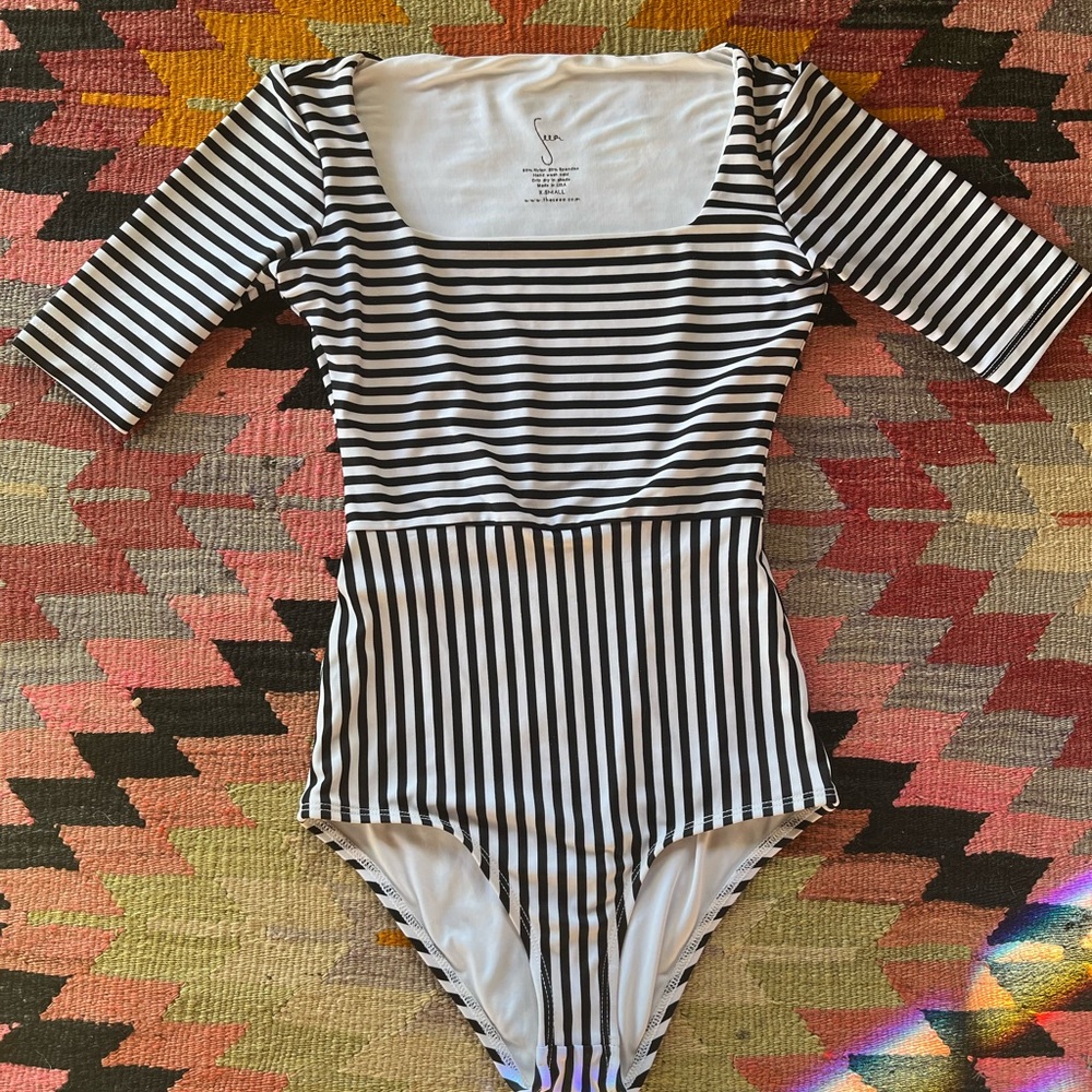 Seea Lido Black and White Striped Bodysuit One Piece
